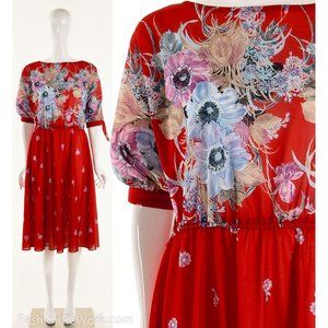Red Floral Dress Floral Red Dress Knee Length Watercolor Floral Print Dress